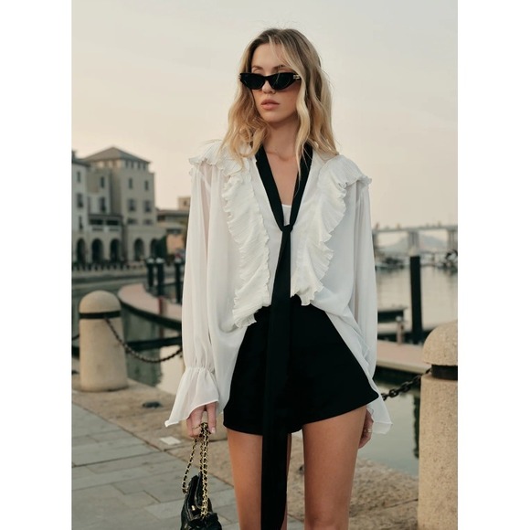 Commense Tops - Commense Feminine Romantic Sheer Ruffled Detail Blouse With Tie Sz XS‎